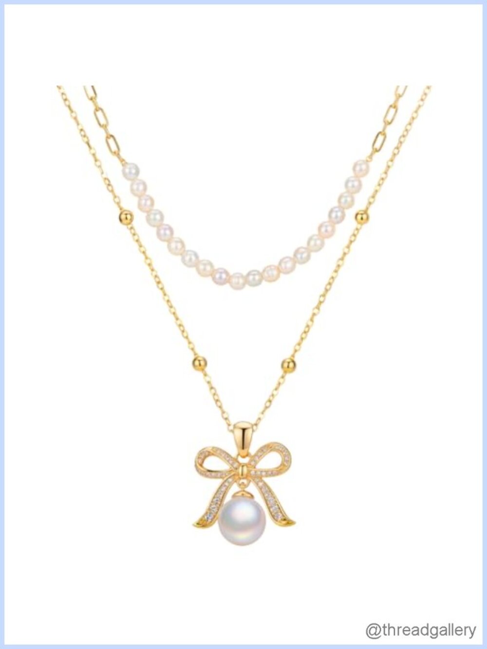 14K Gold Plated Bow Pendant Necklace Layered Pearl 16" 18" Hypoallergenic